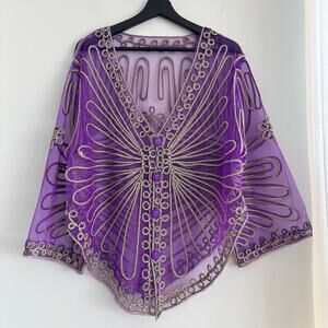 Vintage Handmade Mesh Embroidered Butterfly Poncho Cape with Sleeves One Size